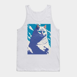 a big chonky white cat with blue eyes merged with the clouds - anime style Tank Top